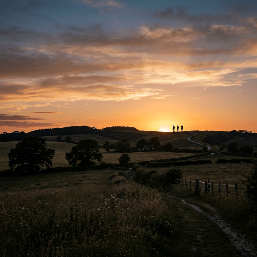 Three people walking on a winding path over a hill at sunset in a rural landscape