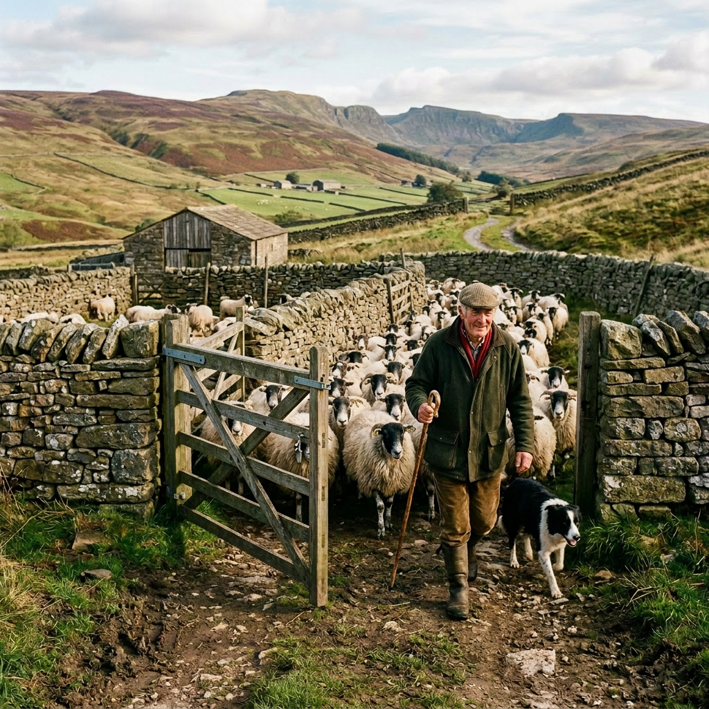 Shepherd walking with sheep and a dog through a stone gate in countryside