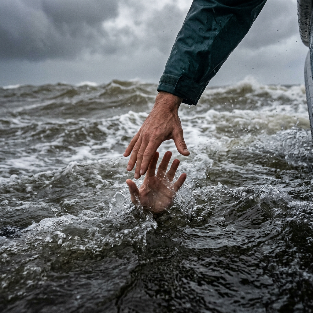 Hand reaching through stormy water toward another hand