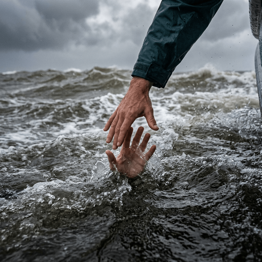 Hand reaching through stormy water toward another hand