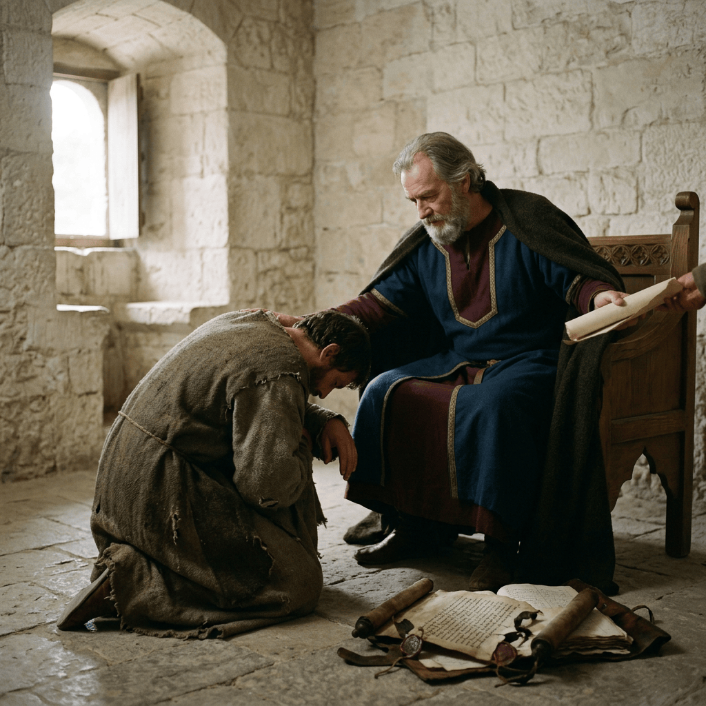 Medieval ruler touching a kneeling petitioner beside an opened scroll